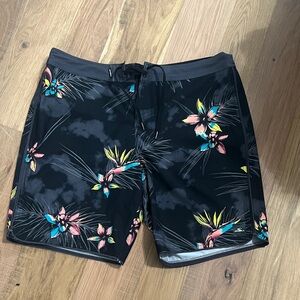O'Neill Black Boardshorts with Pink, Teal & Yellow Floral Print